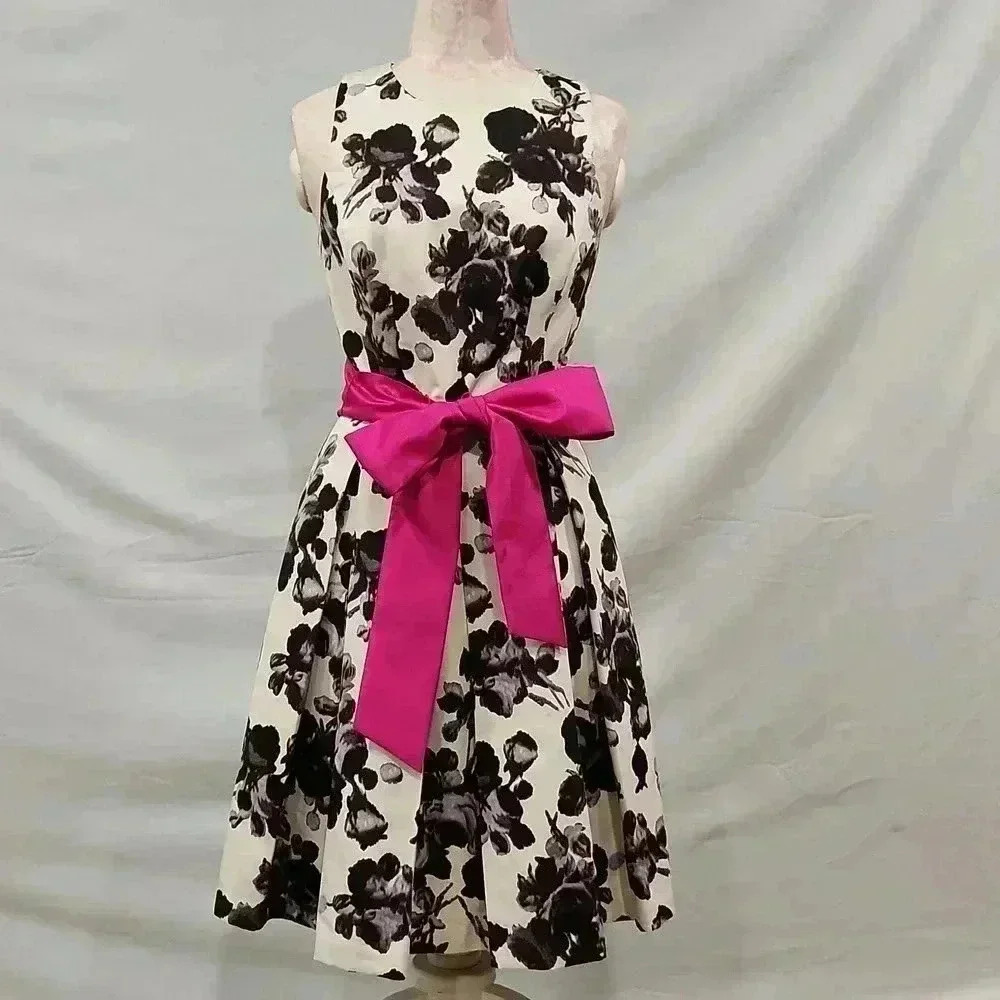 Eliza J Black and White Floral Dress with Pink Bow